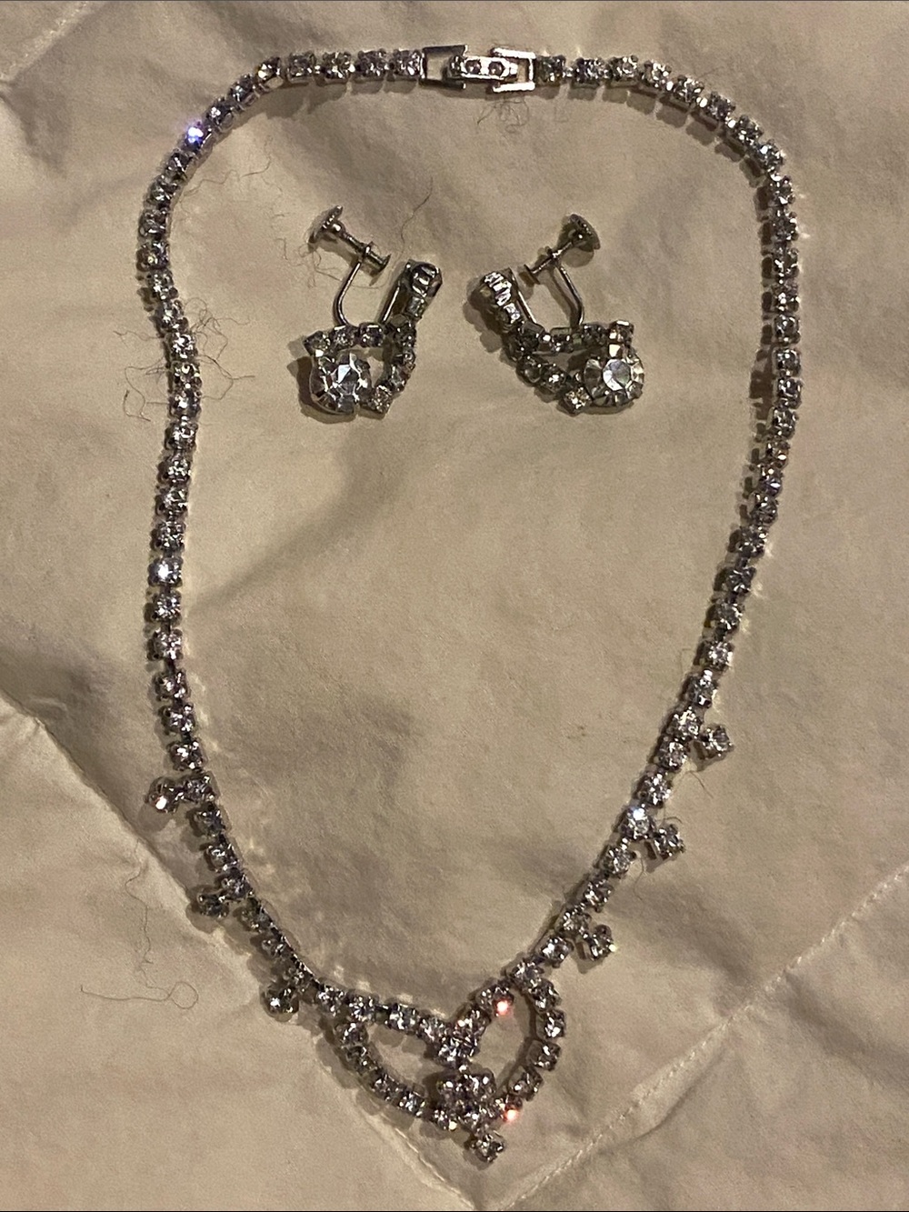 Crystal Heart Pendant Necklace with Matching Clip-On Earrings - Silver